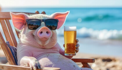  Cheerful Funny Pig Relaxing with Beer on Beach Chair in Summer Vacation Scene