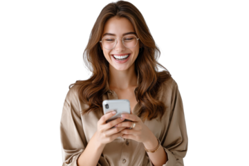 Digital Delight: A woman with brown hair, wearing glasses and a tan top, is captivated by her smartphone. A moment of joy captured.