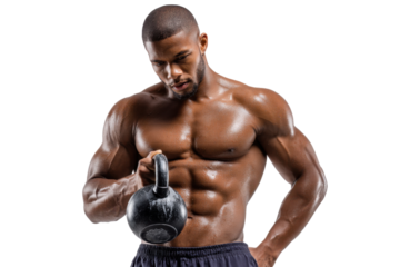 Strength and Determination: A powerfully built athlete, his muscles glistening with sweat, intensely focuses on a kettlebell, embodying the essence of fitness, discipline, and physical excellence.