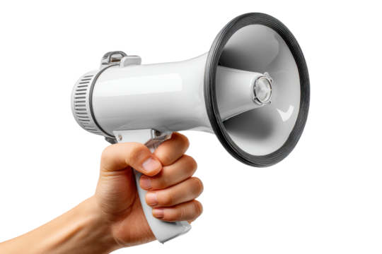 Power of Voice: A hand firmly grips a megaphone, poised to amplify a message with strength and clarity, a symbol of communication, announcement, and empowerment.