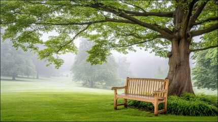 Serene Garden Scene with Wooden Bench Under Lush Green Tree