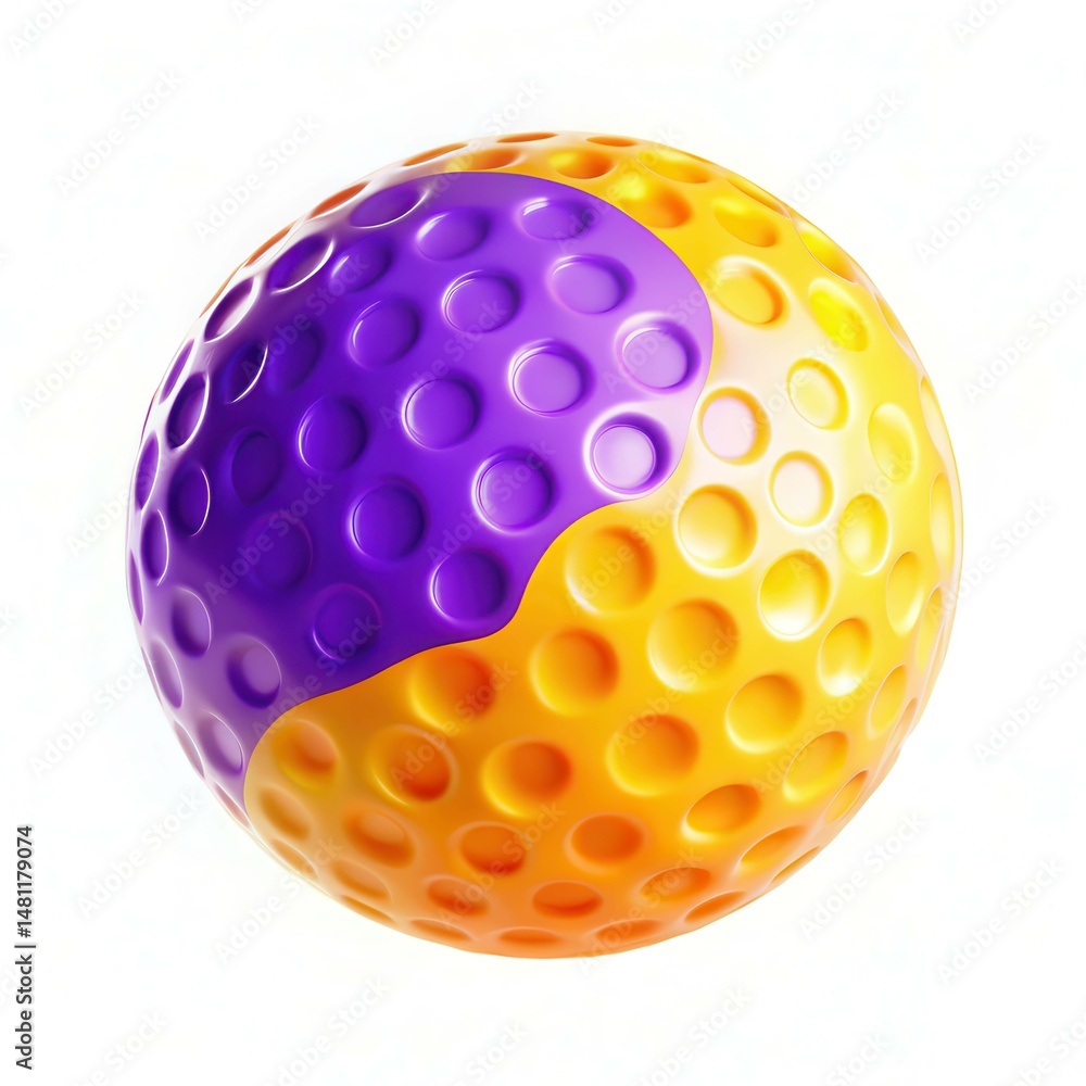 Poster a vibrant spherical object with a mix of purple and yellow sections, featuring textured patterns on 