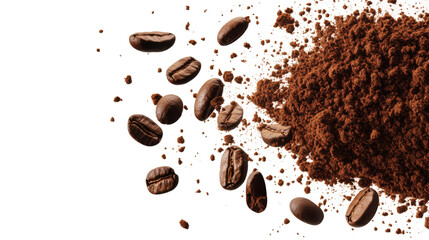 Obraz premium Flying Coffee Powder Particles Isolated on White Background – Aromatic Brown Dust Explosion for Beverage and Food Design Concepts