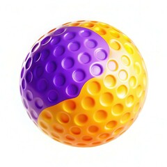A vibrant spherical object with a mix of purple and yellow sections, featuring textured patterns on its surface.