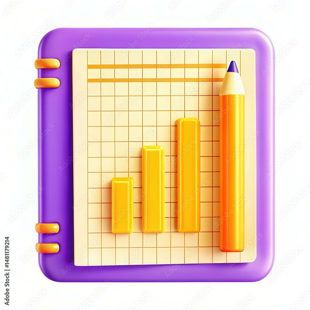 Poster a colorful 3d notebook with a graph and a yellow pencil on a modern design background.