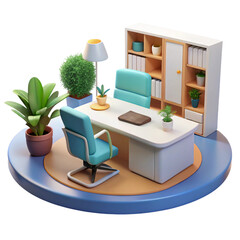 Modern Minimalist Office Workspace with Plants and Bookshelf