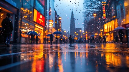 Obraz premium City street at night under rain. Busy urban scene