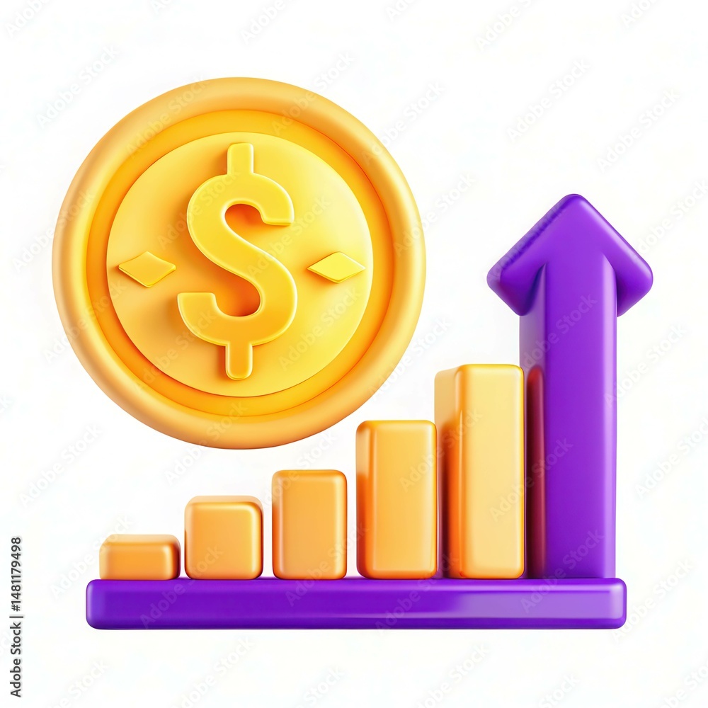 Poster a colorful 3d representation of a dollar sign and a bar graph indicating growth.