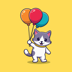 a cat flying using 3 different balloons