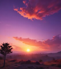 Obraz premium Fiery sunset paints the sky with vibrant orange, pink, and purple hues , magical, breathtaking, radiant