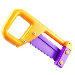 A colorful toy saw with a bright yellow and purple design, featuring a large handle and a serrated blade.