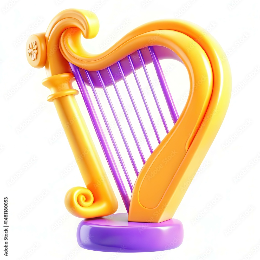 Poster a colorful and modern harp design with a vibrant combination of purple and yellow hues, showcasing u