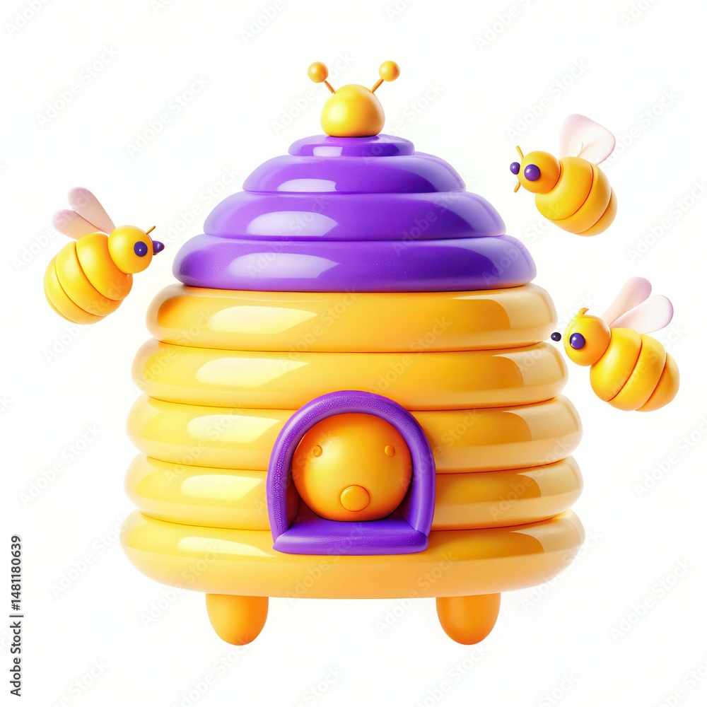 Aufkleber a colorful and modern bee hive with three playful bees around it, featuring a unique design and vibr