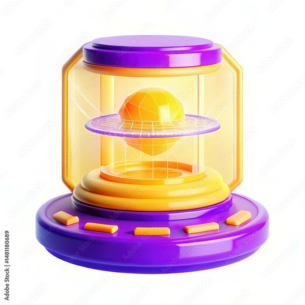 Poster a futuristic device featuring a glowing sphere inside a colorful container, highlighting modern desi