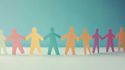 A line of colorful paper figures stand holding hands, symbolizing community and connection.