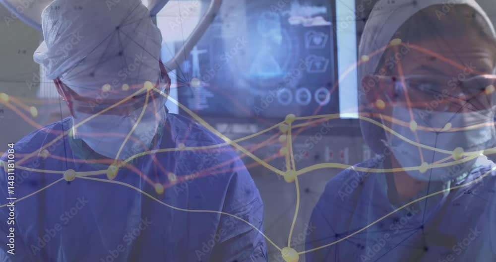Poster two surgeons examining brain scan on monitor in operating room, with health analytics overlay