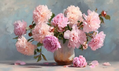 Bouquet of delicate pink peonies in a luxurious setting under sunny skies