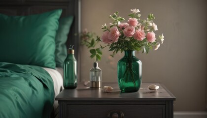 Elegant bottle vase, blooming flowers, trendy nightstand, lush emerald bedding , bottle, side table, design