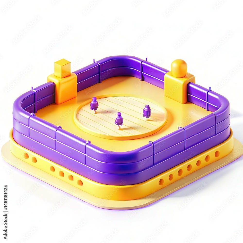 Poster a colorful 3d model of a modern arena with figures standing on a circular platform surrounded by gua