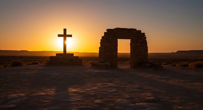 Stone cross and ruined arch silhouette at sunset in desert landscape