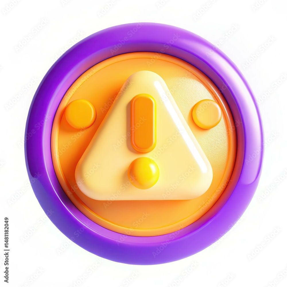 Poster a colorful warning button design featuring a yellow triangle with an exclamation mark, surrounded by