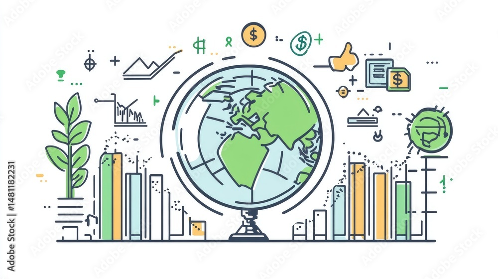 Poster globe surrounded by currency icons and statistical graphs depicting global economic interdependence