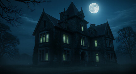 Eerily Lit Victorian Mansion Under a Full Moon in the Gloomy Night