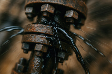 Leaking oil from rusty pipe joint highlights importance of maintenance and service in gas and oil industry for safety and efficiency