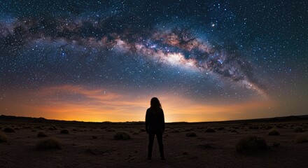 Obraz premium A solitary figure gazes at a vast expanse of a Milky Way