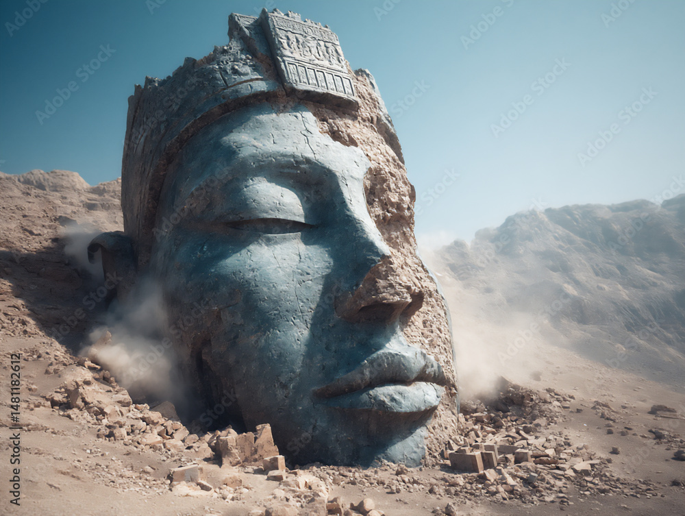 Aufkleber mysterious 3d rendering of a colossal stone carved face with intricate markings, emerging from a vol