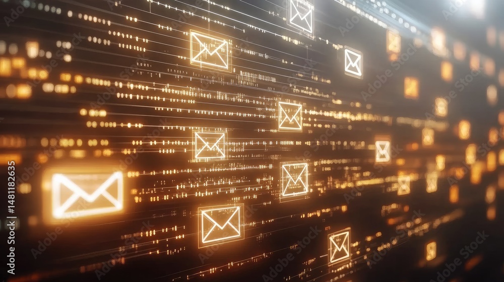 Poster graphic showing envelope icons with digital data lines representing email distribution network