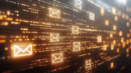 Graphic showing envelope icons with digital data lines representing email distribution network