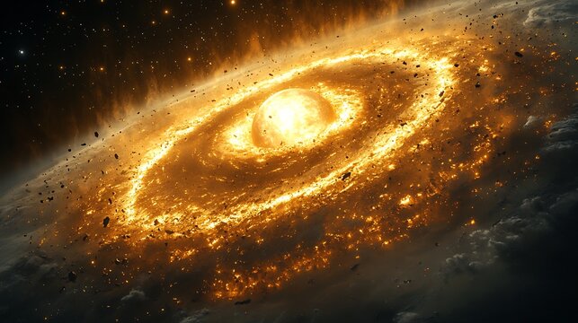 Concept art of Theia colliding early Earth forming debris disk Giant Impact Hypothesis Cosmic collision visualization Artistic space render Digital concept art