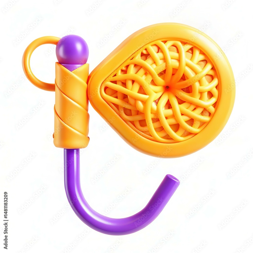 Poster a colorful and modern design of a yellow and purple object with intricate patterns, resembling a hoo