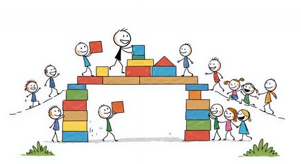 Stickman Figures Building Colorful Bridge on White Background in Children's Illustration Symbolizing Teamwork and Business Collaboration