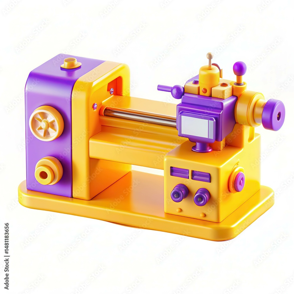 Poster a colorful toy lathe with yellow and purple components, designed for children to learn about mechani