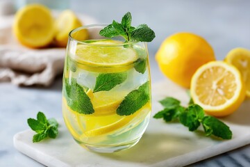 Fototapeta premium Generative AI refreshing glass of lemon water with mint leaves, perfect for a hot day. The beverage is clear with slices of lemon and fresh mint, offering a refreshing sight