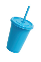 Single blue plastic cup with lid and straw isolated on transparent background