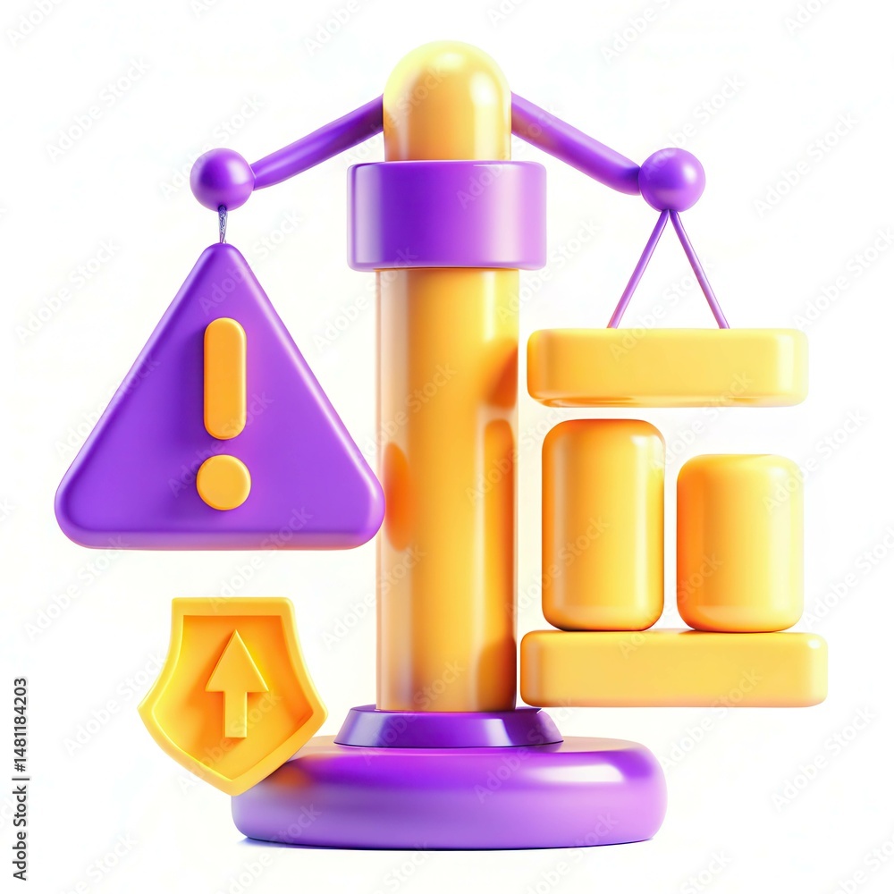 Poster a colorful 3d illustration of a scale featuring warning symbols and blocks, emphasizing balance and 
