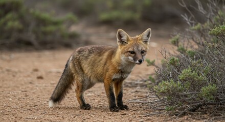 A young fox stands alert in a desert landscape