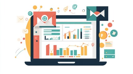 Laptop displaying email marketing dashboard with campaign stats, open rate, and CTR charts