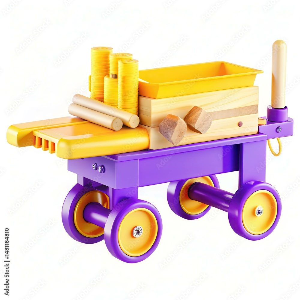 Poster a colorful toy cart filled with various building blocks, including cylinders and a rectangular box, 