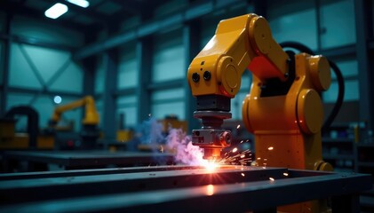Powerful industrial robot arm performing precise welding task on metal component in a factory setting , manufacturing process, welding, automated manufacturing