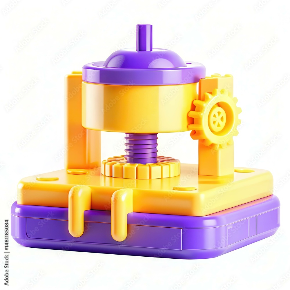Poster a colorful and modern toy machine with gears and a press mechanism designed for creative play.