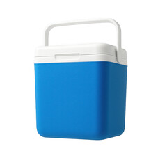 Blue rectangular cooler with white lid and handle on transparent background