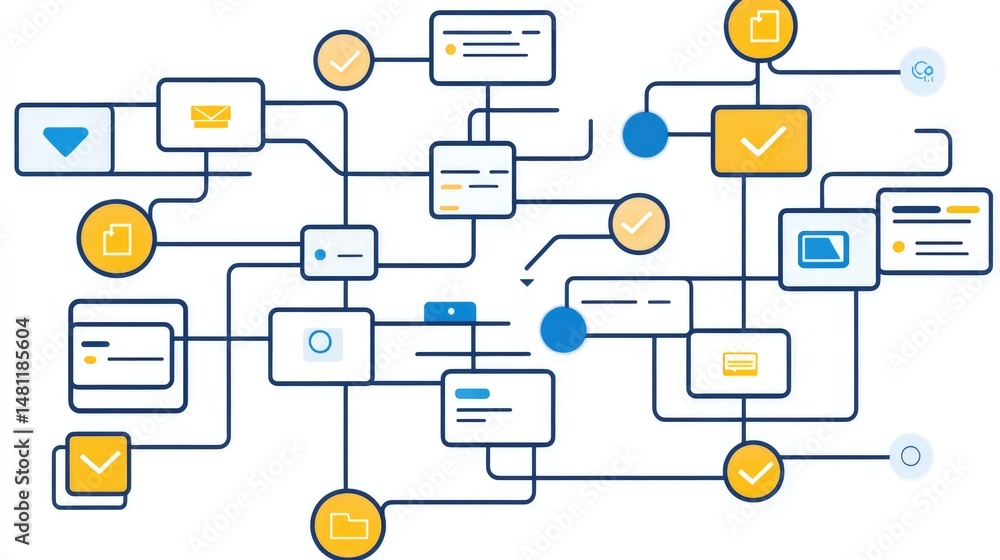 Poster marketing automation workflow with icons for scheduling, segmentation, and lead nurturing