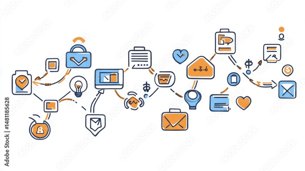 Poster marketing automation workflow with icons for scheduling, segmentation, and lead nurturing