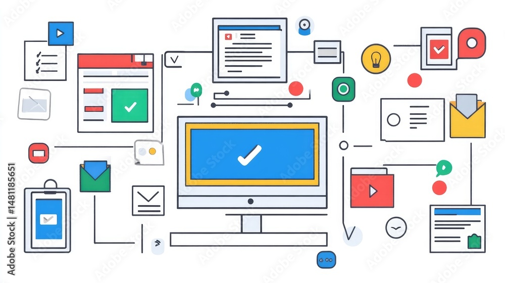 Poster marketing automation workflow with icons for scheduling, segmentation, and lead nurturing