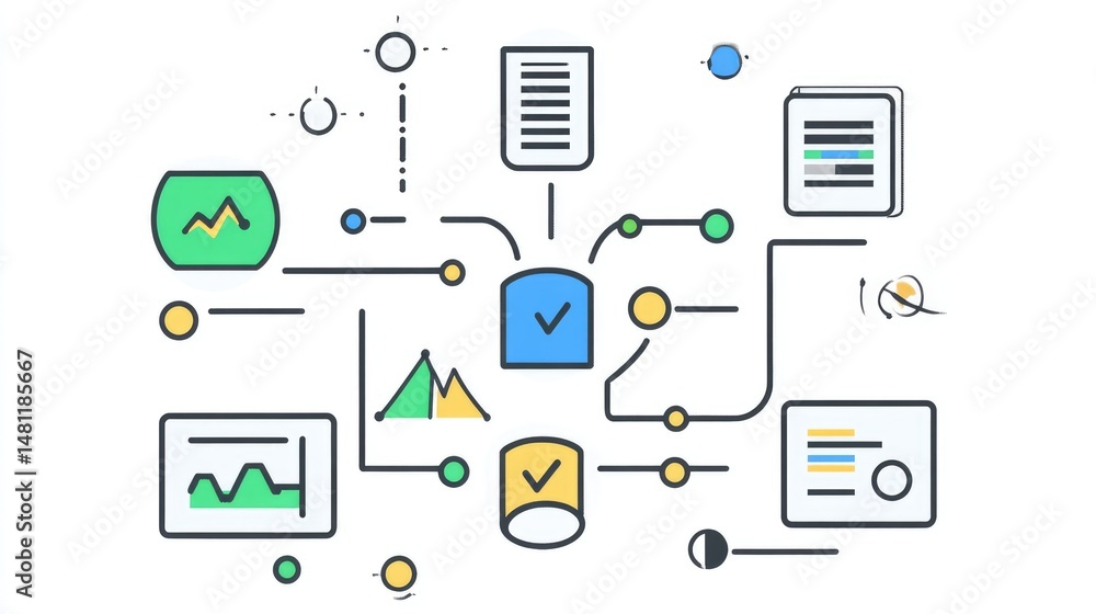 Poster marketing automation workflow with icons for scheduling, segmentation, and lead nurturing