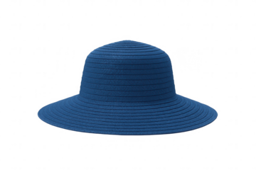 Isolated blue sun hat with wide brim and ribbed texture on transparent background